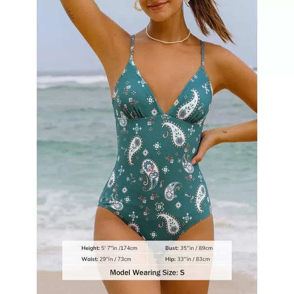 imageCUPSHE One Piece Swimsuit for Women Bathing Suit V Neck ORing Back Cutout Solid Color Adjustable StrapsTeal Paisley
