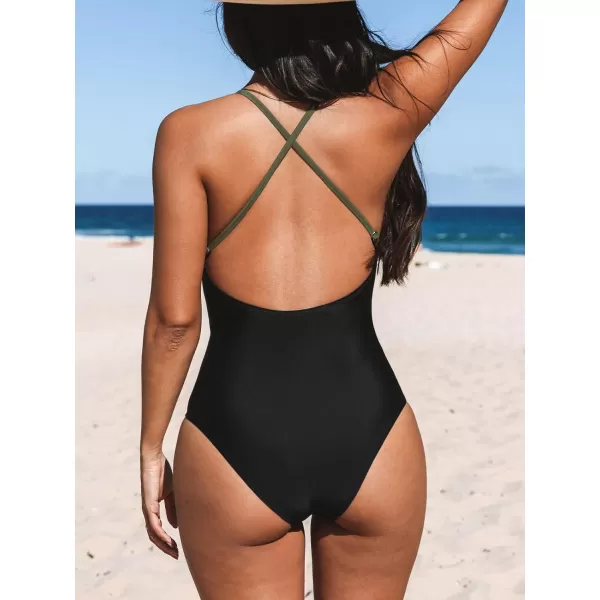 imageCUPSHE One Piece Swimsuit for Women Bathing Suits Deep V Neck Crisscross Back Color BlockArmy Green