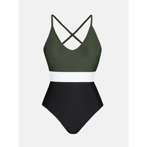 imageCUPSHE One Piece Swimsuit for Women Bathing Suits Deep V Neck Crisscross Back Color BlockArmy Green