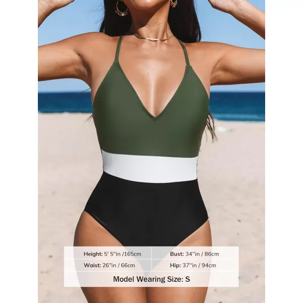 imageCUPSHE One Piece Swimsuit for Women Bathing Suits Deep V Neck Crisscross Back Color BlockArmy Green