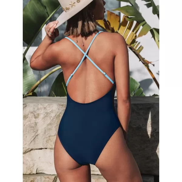 imageCUPSHE One Piece Swimsuit for Women Bathing Suits Deep V Neck Crisscross Back Color BlockBlue