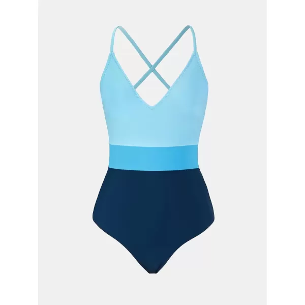 imageCUPSHE One Piece Swimsuit for Women Bathing Suits Deep V Neck Crisscross Back Color BlockBlue