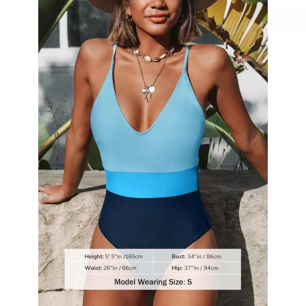 imageCUPSHE One Piece Swimsuit for Women Bathing Suits Deep V Neck Crisscross Back Color BlockBlue