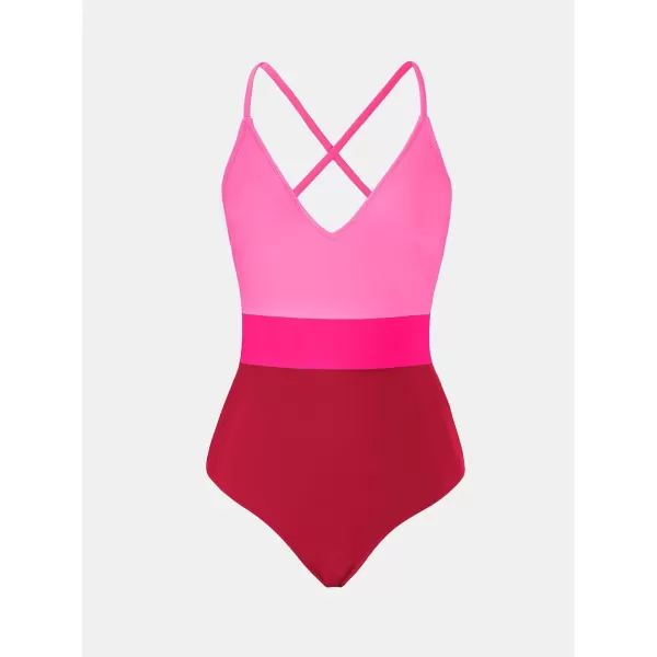 imageCUPSHE One Piece Swimsuit for Women Bathing Suits Deep V Neck Crisscross Back Color BlockHot Pink Red