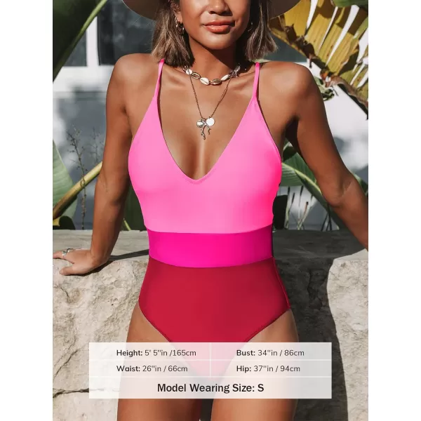 imageCUPSHE One Piece Swimsuit for Women Bathing Suits Deep V Neck Crisscross Back Color BlockHot Pink Red