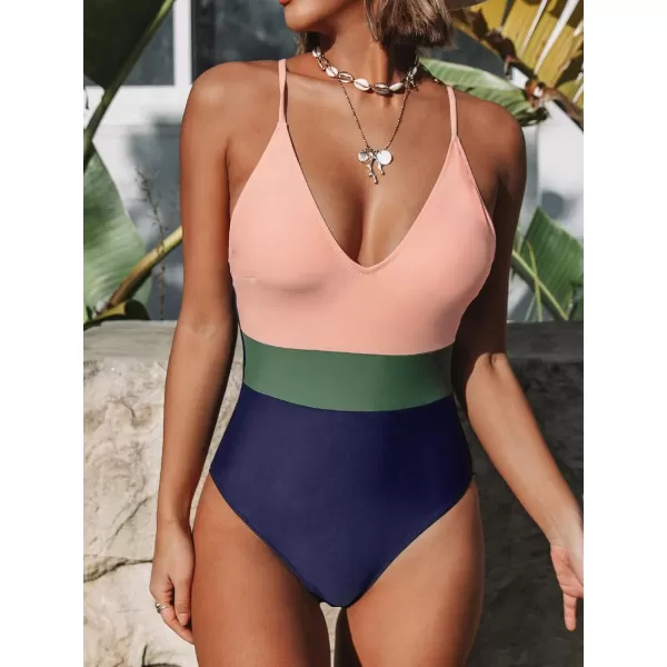 imageCUPSHE One Piece Swimsuit for Women Bathing Suits Deep V Neck Crisscross Back Color BlockPink