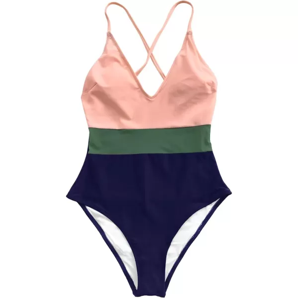 imageCUPSHE One Piece Swimsuit for Women Bathing Suits Deep V Neck Crisscross Back Color BlockPink