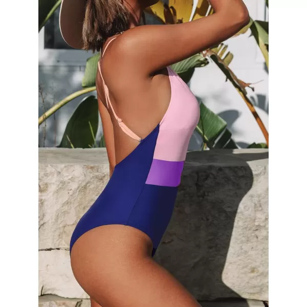 imageCUPSHE One Piece Swimsuit for Women Bathing Suits Deep V Neck Crisscross Back Color BlockPink Purple