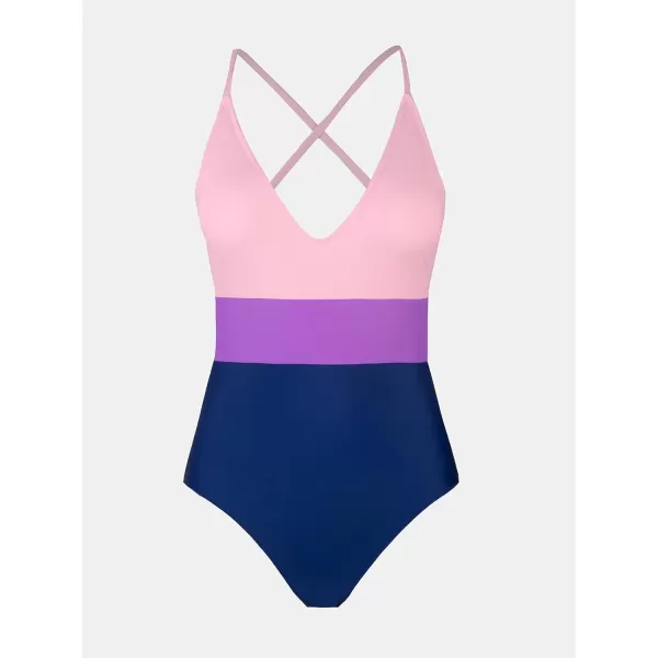 imageCUPSHE One Piece Swimsuit for Women Bathing Suits Deep V Neck Crisscross Back Color BlockPink Purple