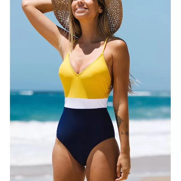 imageCUPSHE One Piece Swimsuit for Women Bathing Suits Deep V Neck Crisscross Back Color BlockYellow