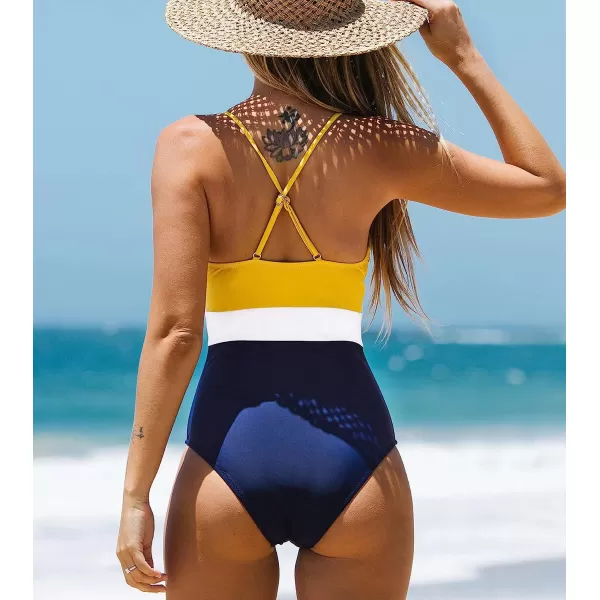 imageCUPSHE One Piece Swimsuit for Women Bathing Suits Deep V Neck Crisscross Back Color BlockYellow