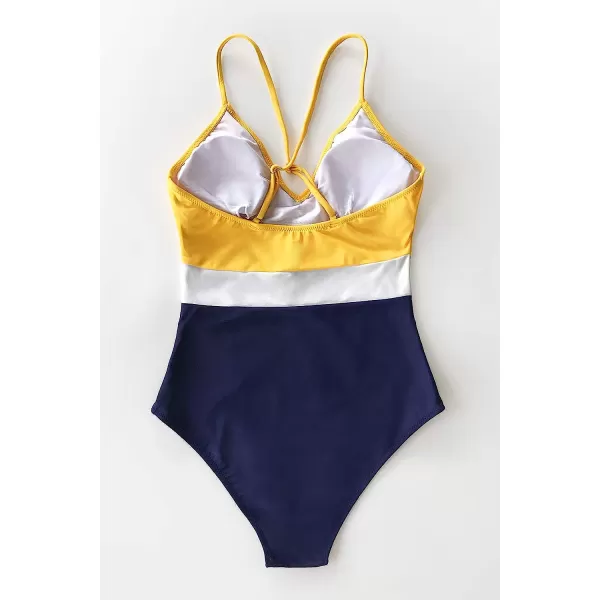 imageCUPSHE One Piece Swimsuit for Women Bathing Suits Deep V Neck Crisscross Back Color BlockYellow