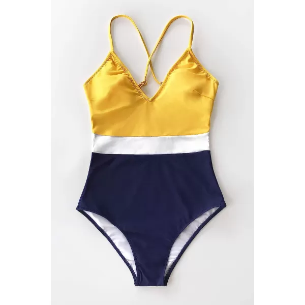 imageCUPSHE One Piece Swimsuit for Women Bathing Suits Deep V Neck Crisscross Back Color BlockYellow