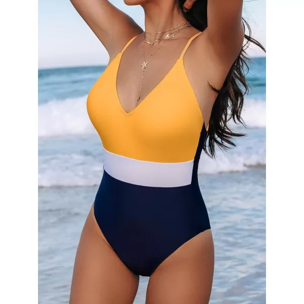 imageCUPSHE One Piece Swimsuit for Women Bathing Suits Deep V Neck Crisscross Back Color BlockYellowNavy Blue