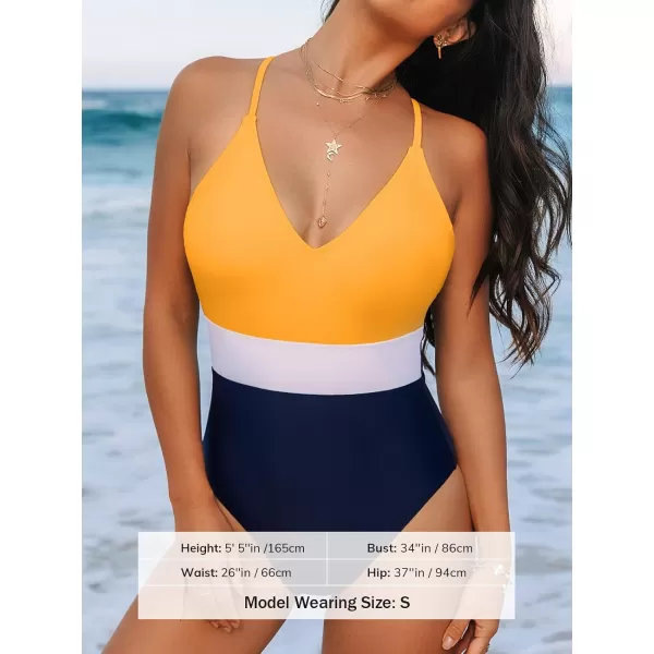 imageCUPSHE One Piece Swimsuit for Women Bathing Suits Deep V Neck Crisscross Back Color BlockYellowNavy Blue