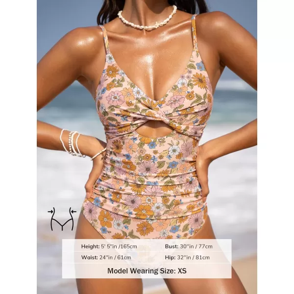 imageCUPSHE One Piece Swimsuit for Women Bathing Suits Twist Front Cutout Adjustable Straps Ruched SwimwearApricot PinkFloral