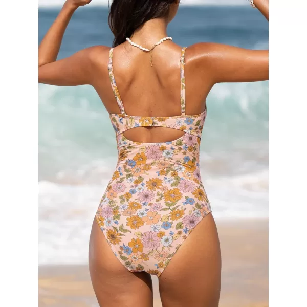 imageCUPSHE One Piece Swimsuit for Women Bathing Suits Twist Front Cutout Adjustable Straps Ruched SwimwearApricot PinkFloral