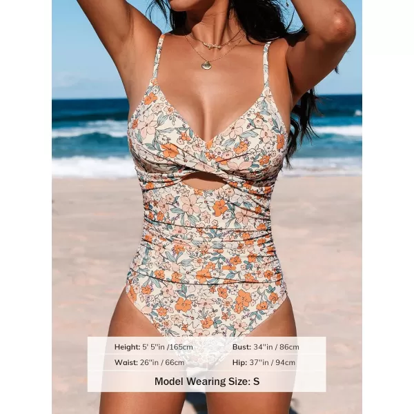 imageCUPSHE One Piece Swimsuit for Women Bathing Suits Twist Front Cutout Adjustable Straps Ruched SwimwearBeigeFloral