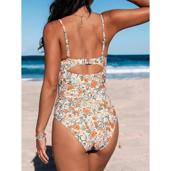 imageCUPSHE One Piece Swimsuit for Women Bathing Suits Twist Front Cutout Adjustable Straps Ruched SwimwearBeigeFloral