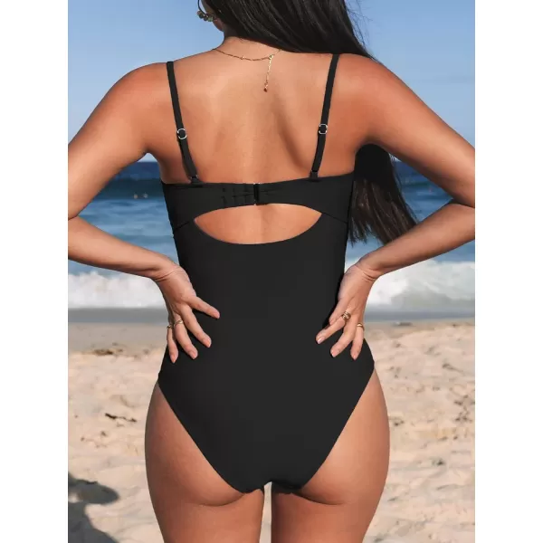 imageCUPSHE One Piece Swimsuit for Women Bathing Suits Twist Front Cutout Adjustable Straps Ruched SwimwearBlack