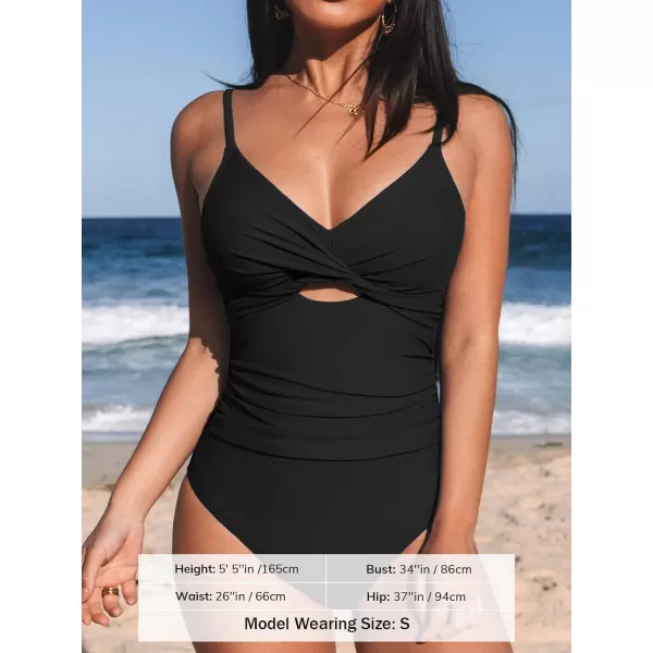 imageCUPSHE One Piece Swimsuit for Women Bathing Suits Twist Front Cutout Adjustable Straps Ruched SwimwearBlack
