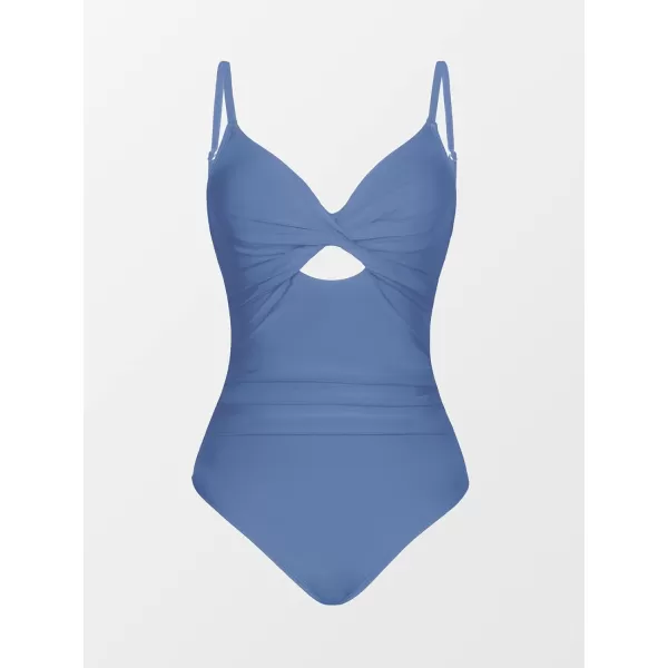 imageCUPSHE One Piece Swimsuit for Women Bathing Suits Twist Front Cutout Adjustable Straps Ruched SwimwearBlue