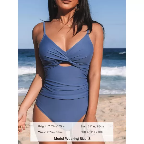imageCUPSHE One Piece Swimsuit for Women Bathing Suits Twist Front Cutout Adjustable Straps Ruched SwimwearBlue