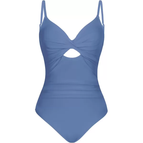 imageCUPSHE One Piece Swimsuit for Women Bathing Suits Twist Front Cutout Adjustable Straps Ruched SwimwearBlue