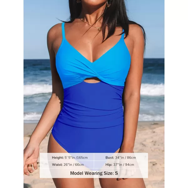 imageCUPSHE One Piece Swimsuit for Women Bathing Suits Twist Front Cutout Adjustable Straps Ruched SwimwearBlue Color Block