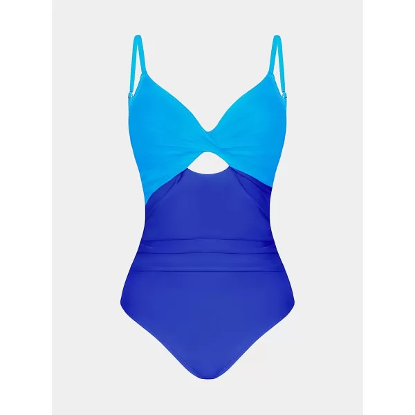 imageCUPSHE One Piece Swimsuit for Women Bathing Suits Twist Front Cutout Adjustable Straps Ruched SwimwearBlue Color Block