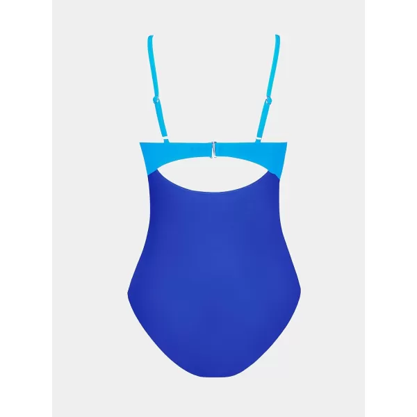 imageCUPSHE One Piece Swimsuit for Women Bathing Suits Twist Front Cutout Adjustable Straps Ruched SwimwearBlue Color Block