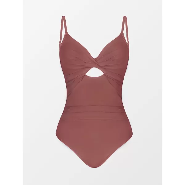 imageCUPSHE One Piece Swimsuit for Women Bathing Suits Twist Front Cutout Adjustable Straps Ruched SwimwearBrick Red