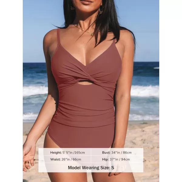 imageCUPSHE One Piece Swimsuit for Women Bathing Suits Twist Front Cutout Adjustable Straps Ruched SwimwearBrick Red