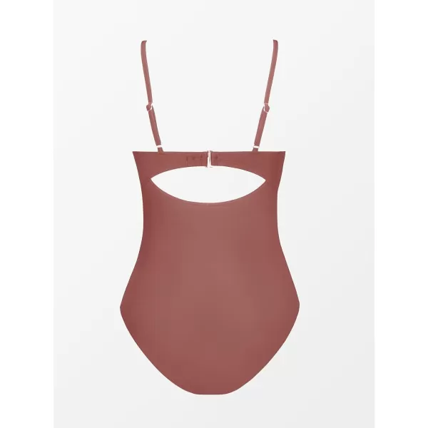 imageCUPSHE One Piece Swimsuit for Women Bathing Suits Twist Front Cutout Adjustable Straps Ruched SwimwearBrick Red
