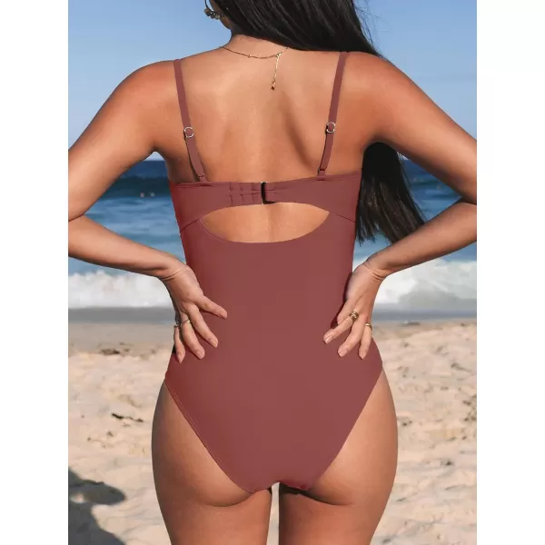 imageCUPSHE One Piece Swimsuit for Women Bathing Suits Twist Front Cutout Adjustable Straps Ruched SwimwearBrick Red