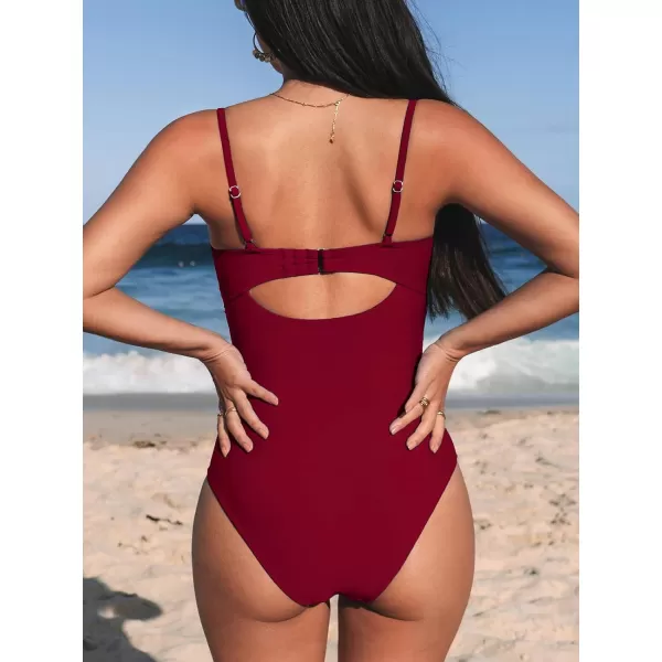 imageCUPSHE One Piece Swimsuit for Women Bathing Suits Twist Front Cutout Adjustable Straps Ruched SwimwearCherryred