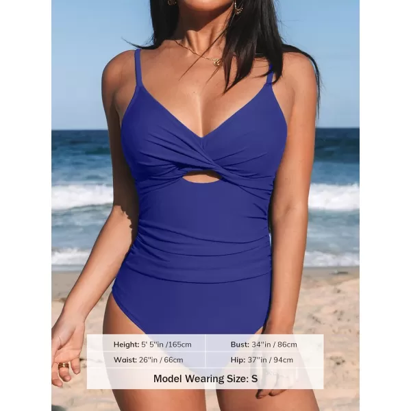 imageCUPSHE One Piece Swimsuit for Women Bathing Suits Twist Front Cutout Adjustable Straps Ruched SwimwearCobalt Blue