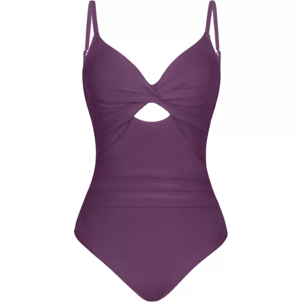 imageCUPSHE One Piece Swimsuit for Women Bathing Suits Twist Front Cutout Adjustable Straps Ruched SwimwearDark Purple