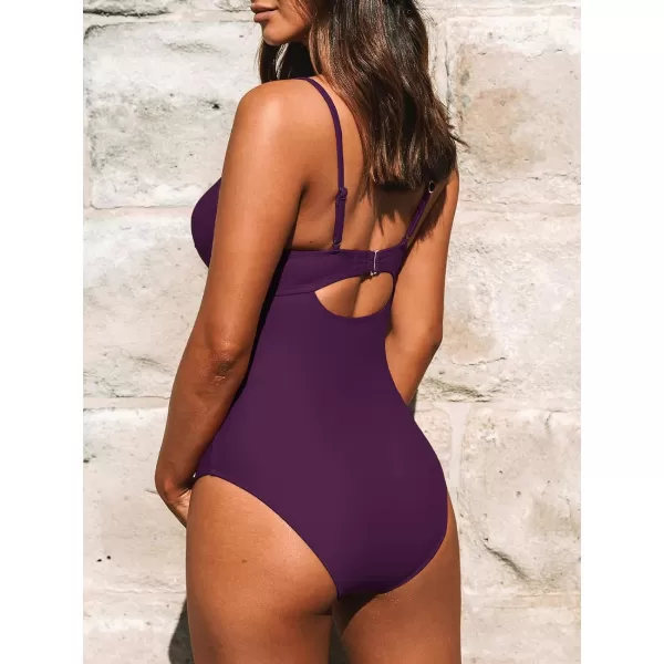 imageCUPSHE One Piece Swimsuit for Women Bathing Suits Twist Front Cutout Adjustable Straps Ruched SwimwearDark Purple