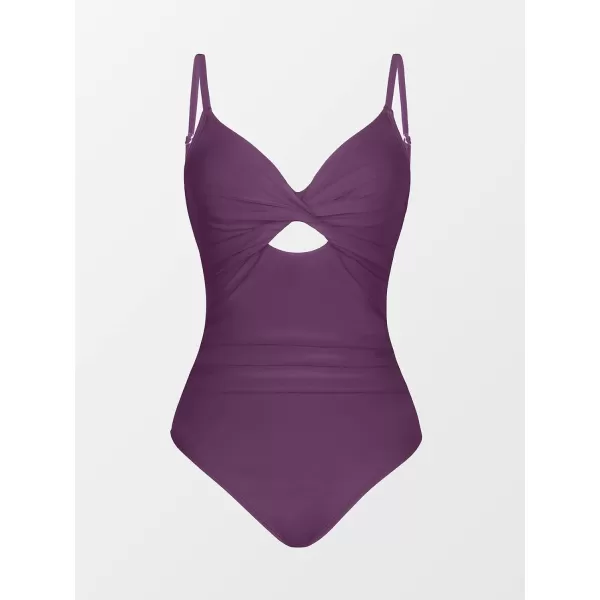 imageCUPSHE One Piece Swimsuit for Women Bathing Suits Twist Front Cutout Adjustable Straps Ruched SwimwearDark Purple