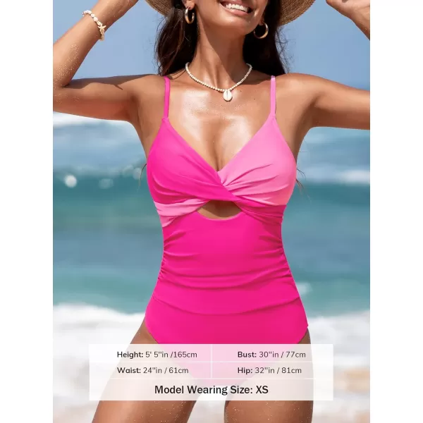 imageCUPSHE One Piece Swimsuit for Women Bathing Suits Twist Front Cutout Adjustable Straps Ruched SwimwearFuchsia Pink