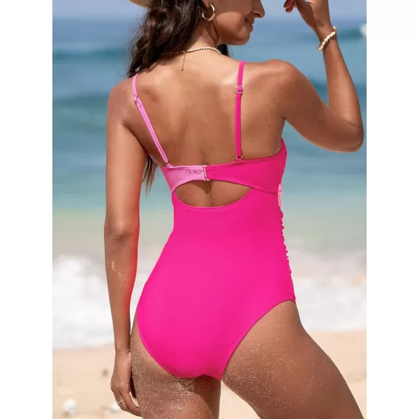 imageCUPSHE One Piece Swimsuit for Women Bathing Suits Twist Front Cutout Adjustable Straps Ruched SwimwearFuchsia Pink
