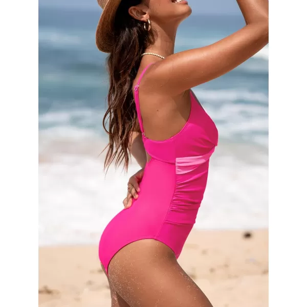 imageCUPSHE One Piece Swimsuit for Women Bathing Suits Twist Front Cutout Adjustable Straps Ruched SwimwearFuchsia Pink