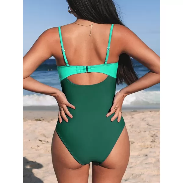 imageCUPSHE One Piece Swimsuit for Women Bathing Suits Twist Front Cutout Adjustable Straps Ruched SwimwearGreen Color Block