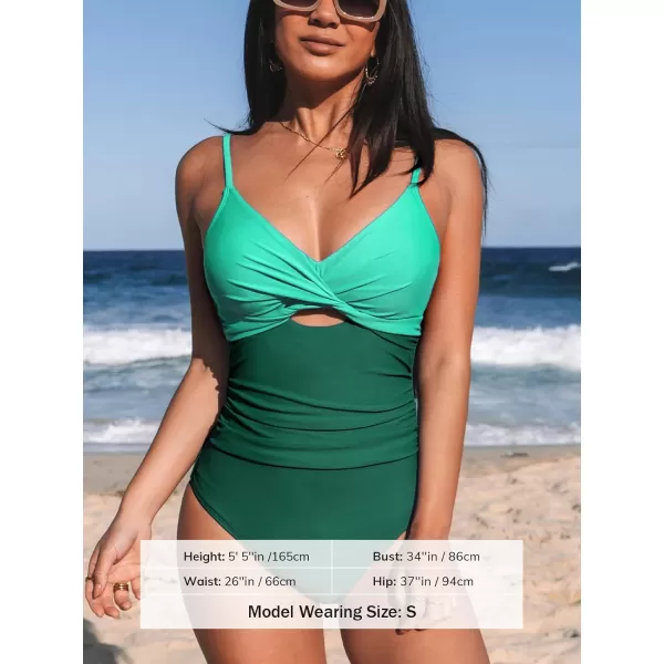 imageCUPSHE One Piece Swimsuit for Women Bathing Suits Twist Front Cutout Adjustable Straps Ruched SwimwearGreen Color Block