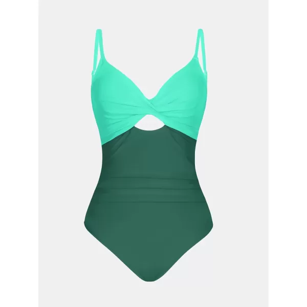 imageCUPSHE One Piece Swimsuit for Women Bathing Suits Twist Front Cutout Adjustable Straps Ruched SwimwearGreen Color Block