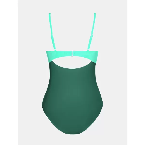 imageCUPSHE One Piece Swimsuit for Women Bathing Suits Twist Front Cutout Adjustable Straps Ruched SwimwearGreen Color Block