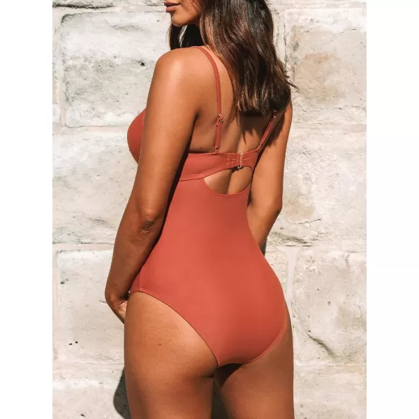 imageCUPSHE One Piece Swimsuit for Women Bathing Suits Twist Front Cutout Adjustable Straps Ruched SwimwearMecca Orange