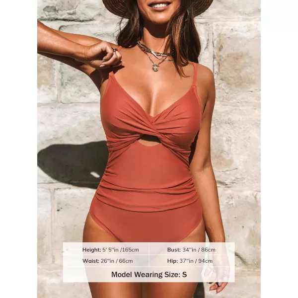 imageCUPSHE One Piece Swimsuit for Women Bathing Suits Twist Front Cutout Adjustable Straps Ruched SwimwearMecca Orange