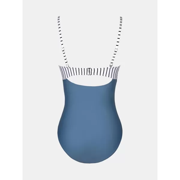 imageCUPSHE One Piece Swimsuit for Women Bathing Suits Twist Front Cutout Adjustable Straps Ruched SwimwearMisty BlueStriped